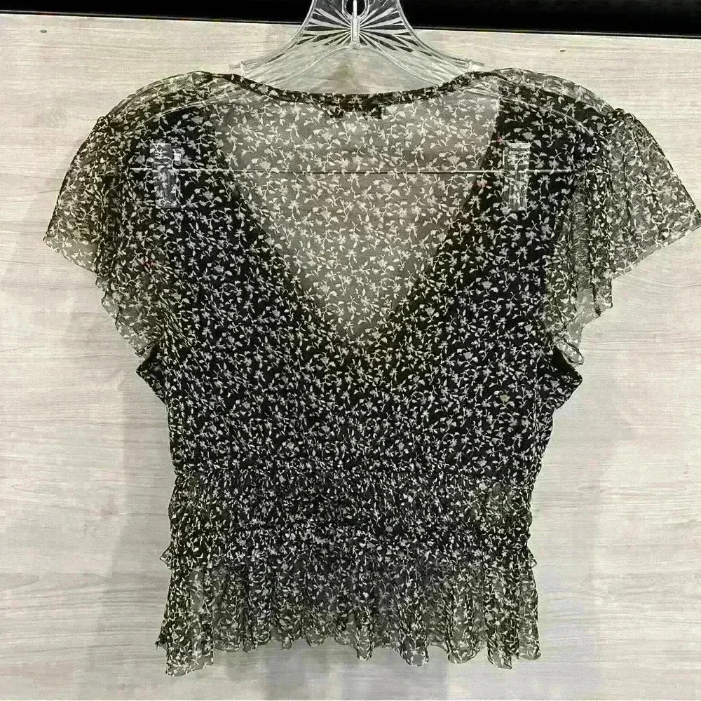 American Eagle Outfitters Women's Black Pink Flowers Ruffles Sheer Top XS - Picture 3 of 6